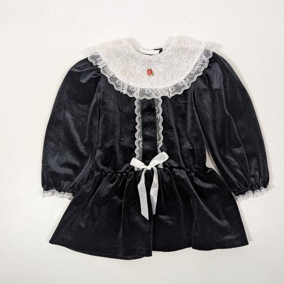 Vintage Evy Dress Girls Size 2T Black Velour Drop Waist Holiday Lace - Picture 1 of 4